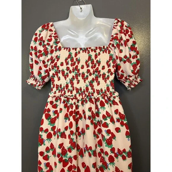 Betsey Johnson Dress Womens XS Strawberry Puff Sleeve Smocked Maxi Sundress - Picture 7 of 10